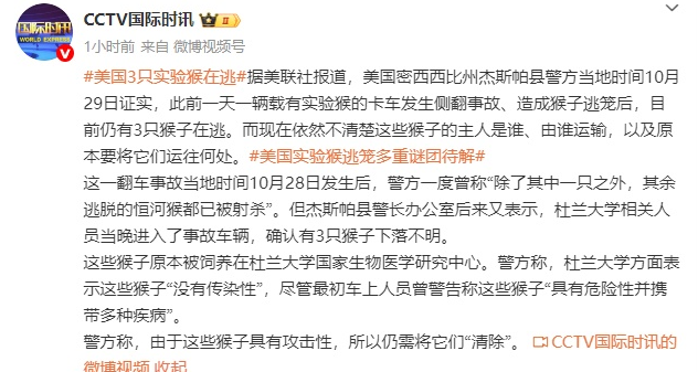 一辆载有实验猴的卡车发生侧翻事故，目前仍有3只猴子在逃