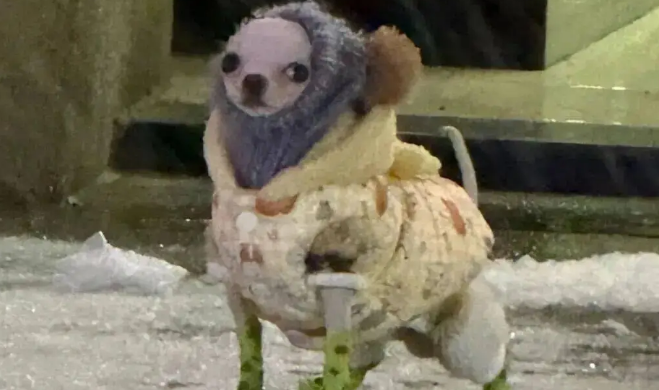 下雪天主人带吉娃娃出门尿尿，哈哈哈它的穿搭好像老婶子