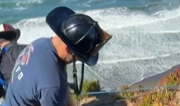 美国旧金山一只狗掉落悬崖，被救起给每个消防员一个吻