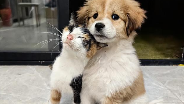 村中小狗带回流浪三花猫，暖心相伴太治愈