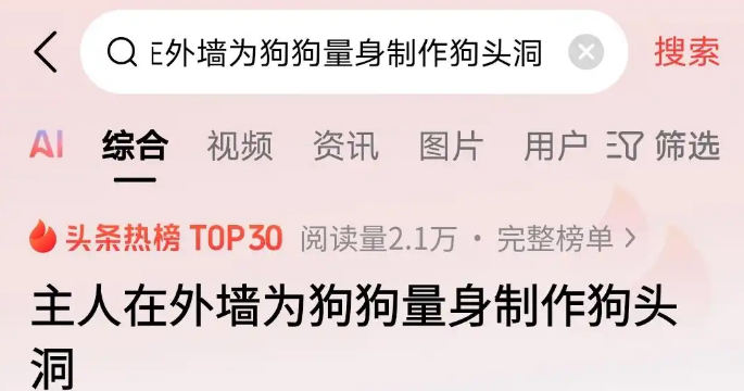 网爆：“主人在外墙为狗狗量身制作狗头洞”新闻火了