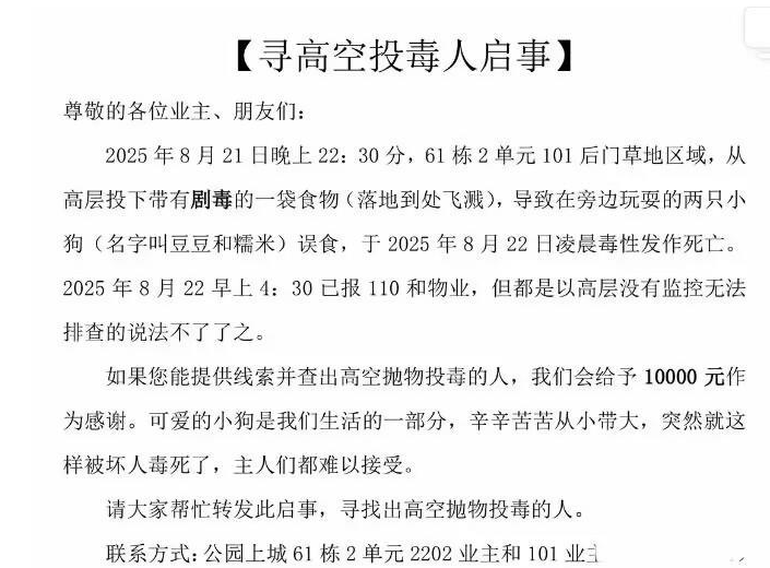 广西一小区有人高空抛食毒死多条宠物狗，居民悬赏万元寻线索