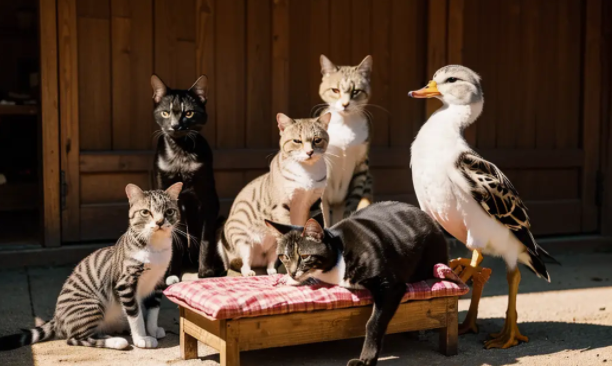 一只鸭子误闯4只猫咪的聚会，猫咪：可以开荤了！ 